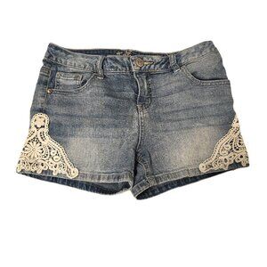 Justice Denim Shorts Size 14 White Lace Accents Faded Feminine Cute Blue Stretch